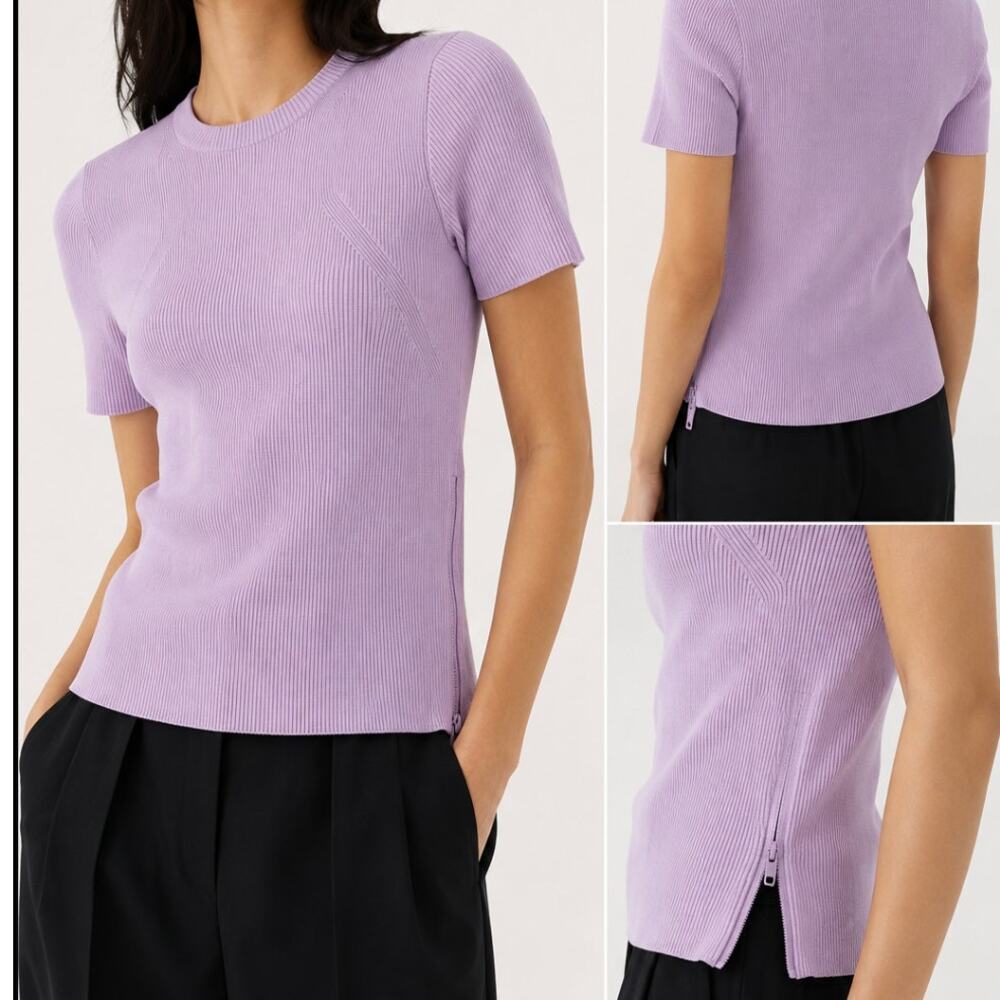 Helmut Lang Ribbed Knit Sweater Top Lavender Side Zip Short Sleeve Designer M